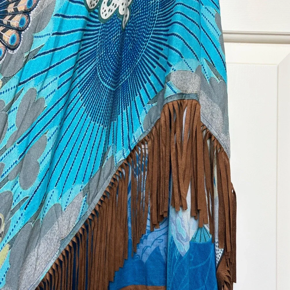 Chicos Imperial Peacock Fringe Ruana Shawl Wrap‎ Scarf NEW Festival Boho Western